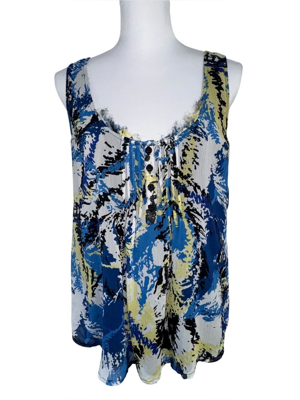 My Michelle Womens Large Blue Abstract Print Lace Back Sleeveless Blouse Top Y2K